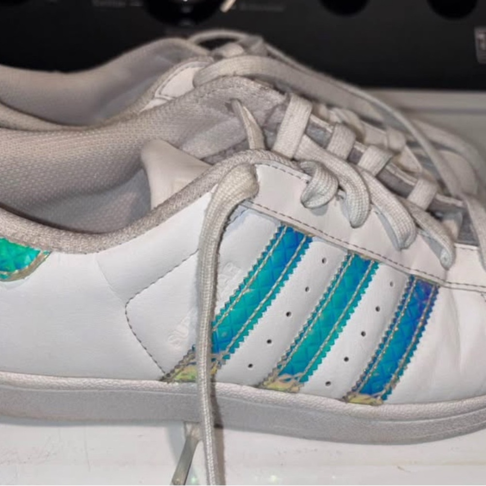 Adidas Superstar Sneakers with Iridescent Blue-Green Stripes